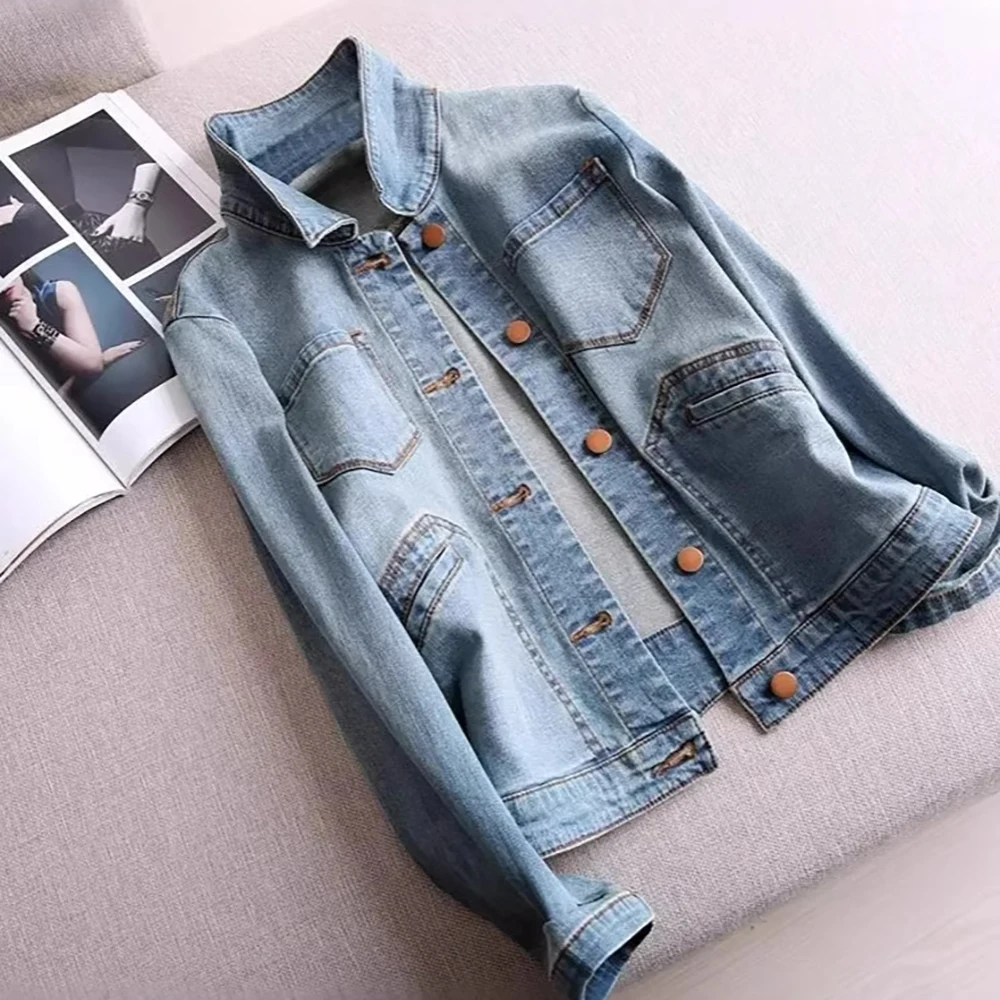 Retro Blue Denim Jackets for Women Spring Casual Loose Single Breasted Simple Versatile Coats Tops Female Multi-Pocket Outerwear
