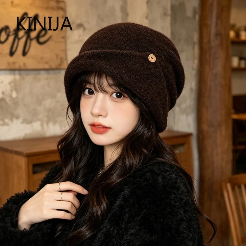 Soft Slouchy Beanie Hat Stretchy Breathable Winter Knit Skull Cap Warm Folded Brim Women's Winter Hat Walking Travel Shopping