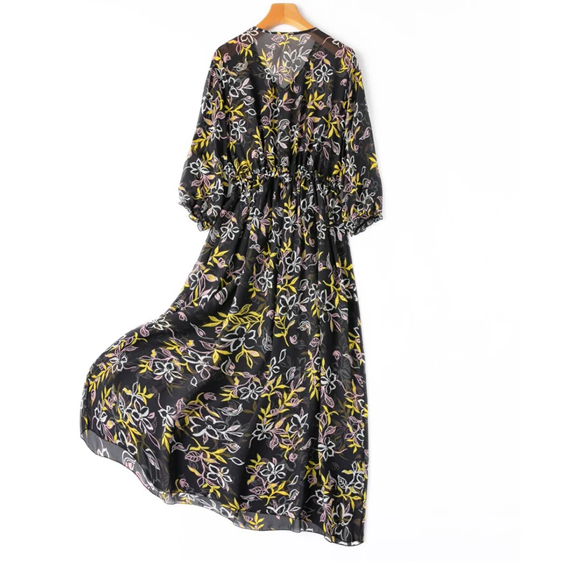 ผู้หญิงผ้าไหม 100% ผ้าไหมหม่อนดอกไม้สีดําพิมพ์โปร่งใส Ruffles เอวสูง V คอโคมไฟแขนยาวชุด M1395