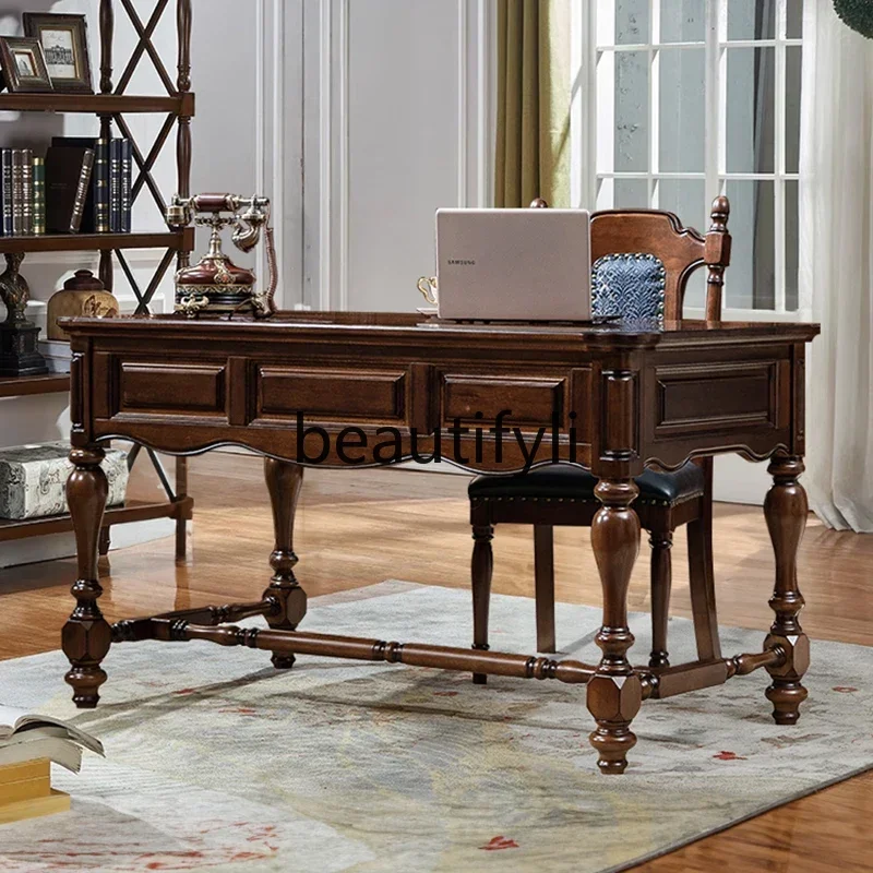 FG28All مكتب من الخشب الصلب دراسة بسيطة من خشب الجوز مكتب كتابة الكمبيوتر على الطراز الأوروبي مكتب فيلا ريترو #2