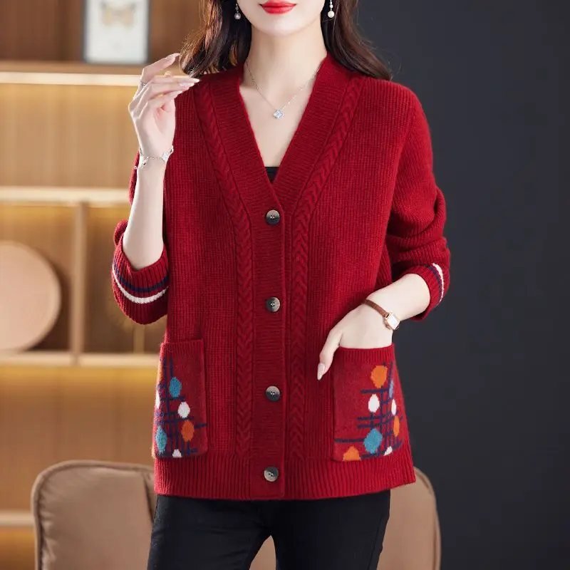 Fashion Women Vintage Cardigan Sweater Korean Clothing Autumn Winter V-neck Pockets Versatile Casual Long Sleeve Knitted Coats