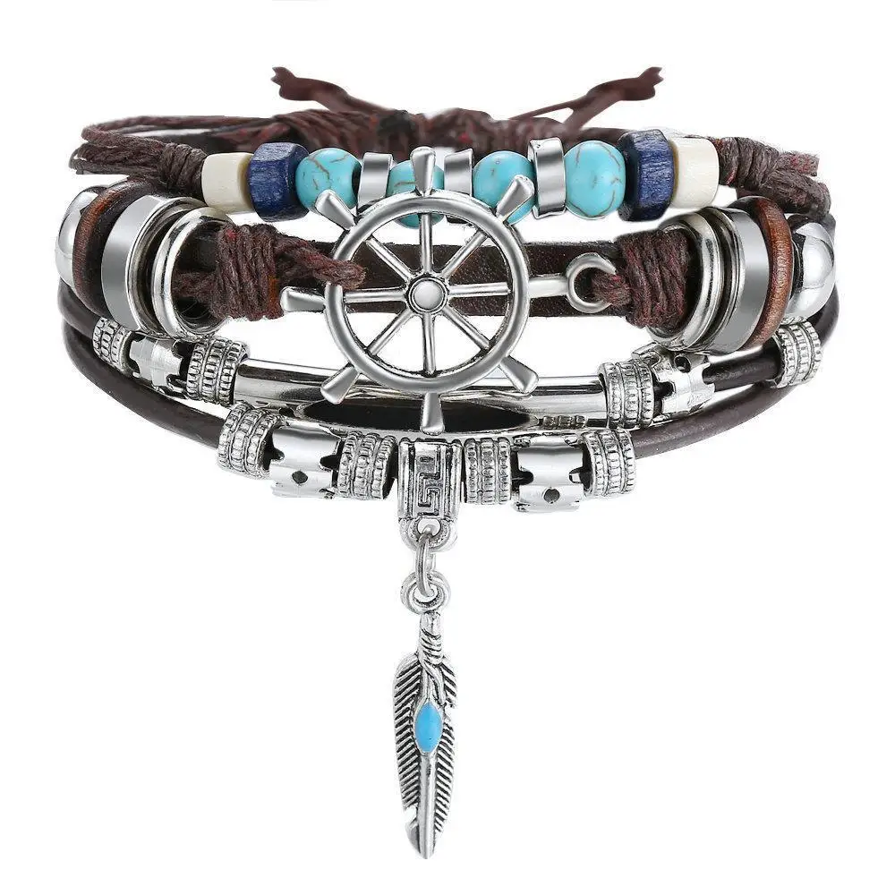 1Pcs Hot Selling Retro Rudder Feather Turquoise Multi-layer Leather Bracelet Wholesale for Men's and Women's Trendy Accessories