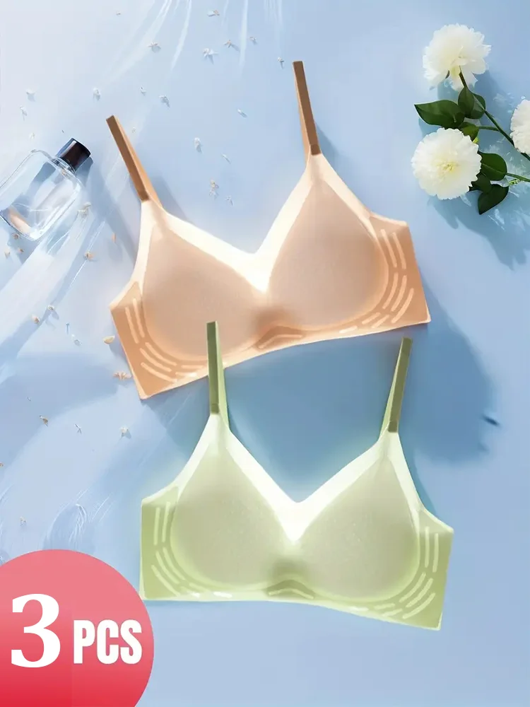 3Pcs Woman Ultra-thin Bra Ice Silk Bra Seamless M-4XL Girl Sports Girl Bra Solid Color Ladies Air Cooling Wireless Brassier