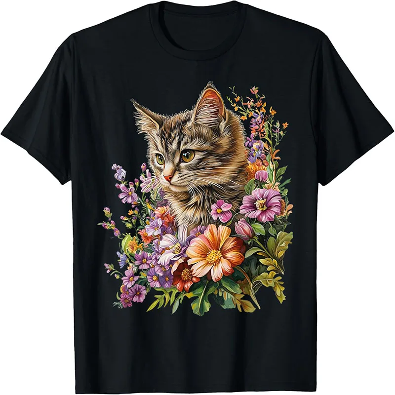 Men Women Floral Cat Vintage Oil Painting Graphic T Shirt Beautiful Kitten Wildflower Art Short Sleeve Cotton Tee Tops