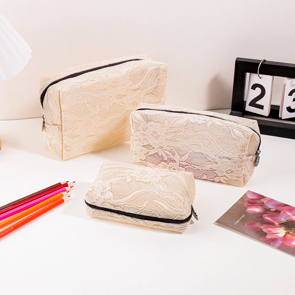 3Pcs Set Floral Lace Pencil Case Large Capacity Zipper Pen Pouch Portable Stationery Organizer Bag for School Office Travel