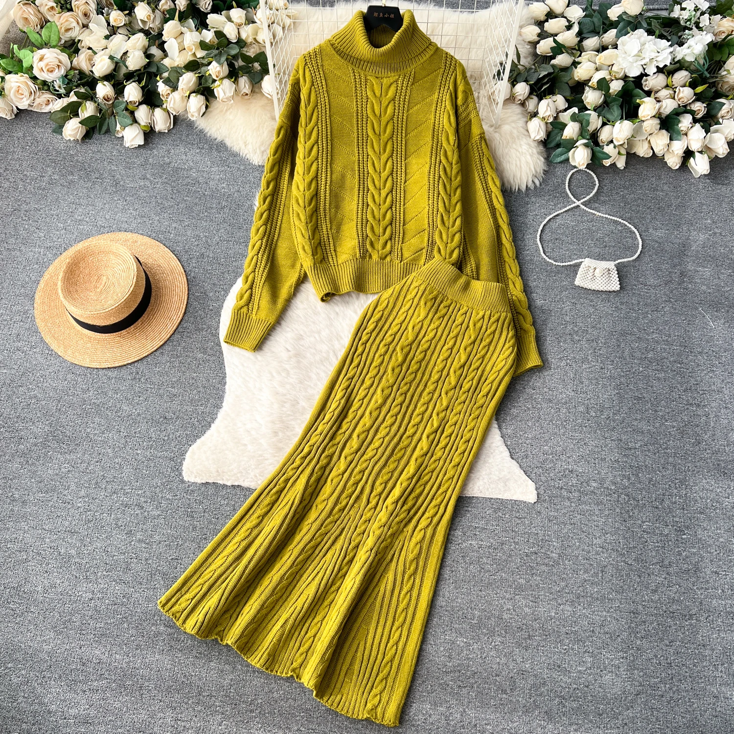 ALPHALMODA 2024 Winter New Turtle Neck Long-sleeved Twisted Sweater + High Waist Mermaid Knit Skirt Women Vintage 2pcs Suit