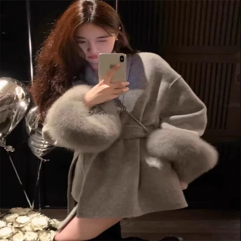 Manteau à bretelles en laine double face pour femme, veste courte en cachemire, poignets perfectionnés, fourrure de renard, tempérament, haut de gamme, nouveau, 2024