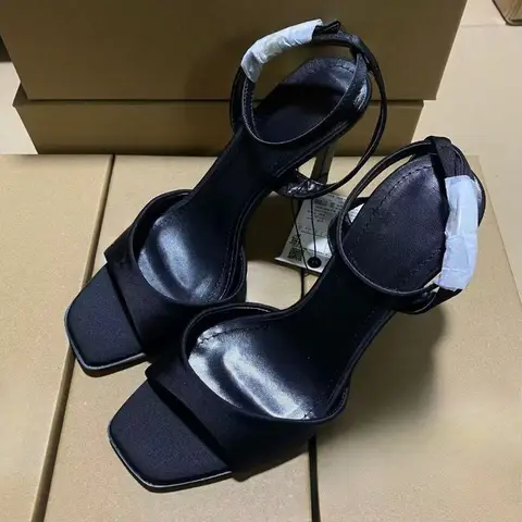 สีดํารองเท้าส้นสูงเซ็กซี่ผู้หญิงฤดูร้อนชุดปาร์ตี้หรูหรารองเท้าแตะ Peep Toe ขนาดใหญ่ Stiletto สายรัดข้อเท้า Lady Office รองเท้า