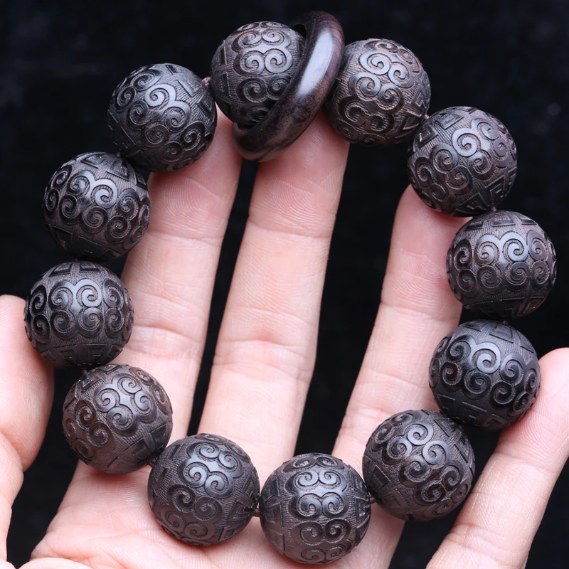 Natural Ebony Bracelet, Key Pattern Beads, Auspicious Cloud Beads, Prayer Beads, Lucky Decorations,Classic Carved Bracelets