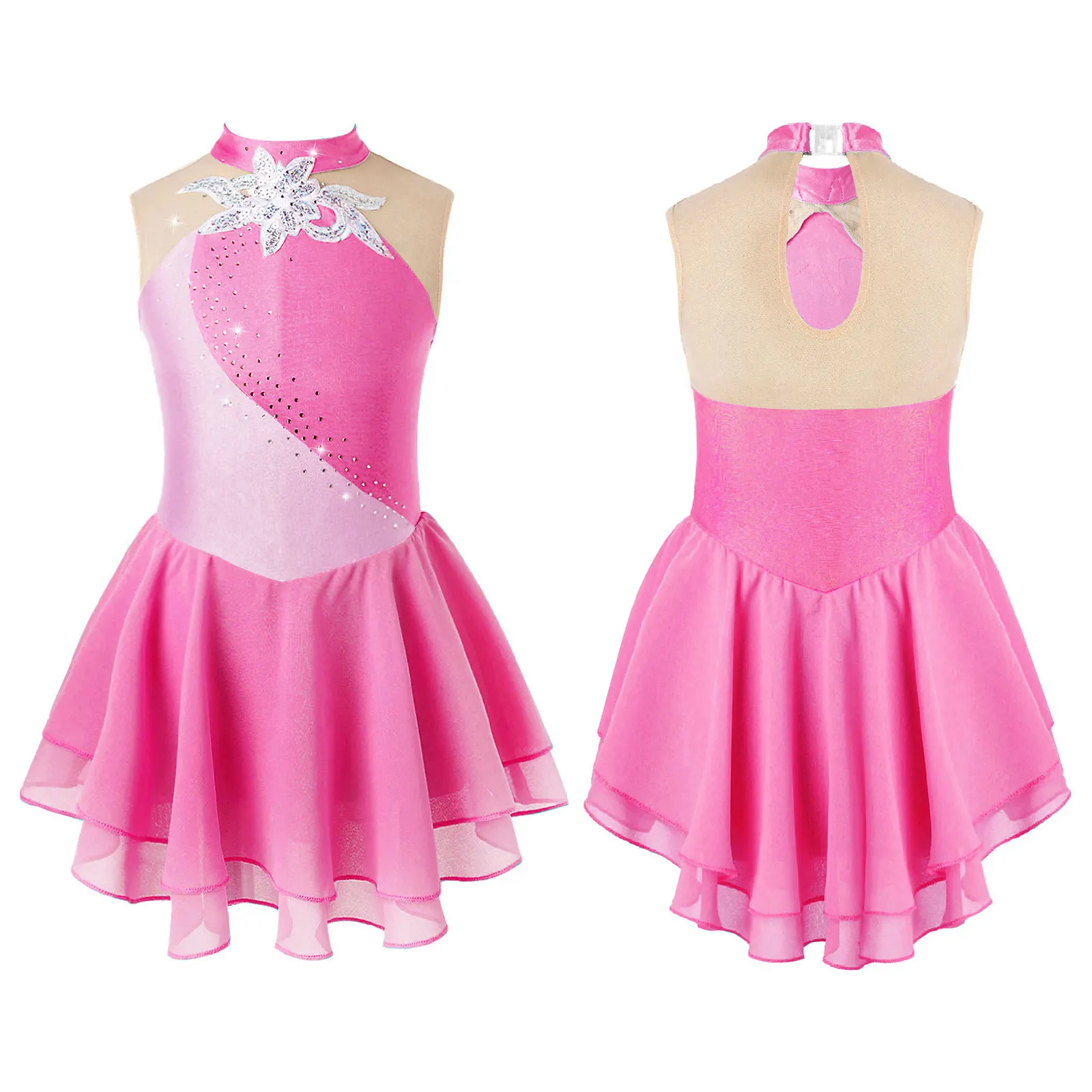 Kids Girls Patchwork Skating Dance Dress Performance Costume senza maniche girocollo paillettes con strass lucidi decorato floreale