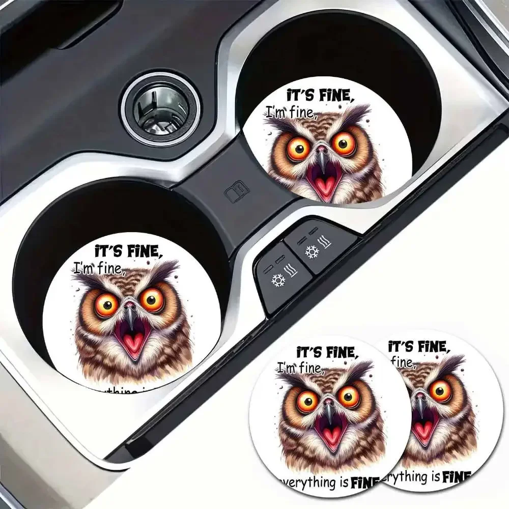 Whimsical Owl Car Coasters 2pcs ＂It's Fine I'm Fine Everything＂ Quote For Cup Holders & Mug Storage