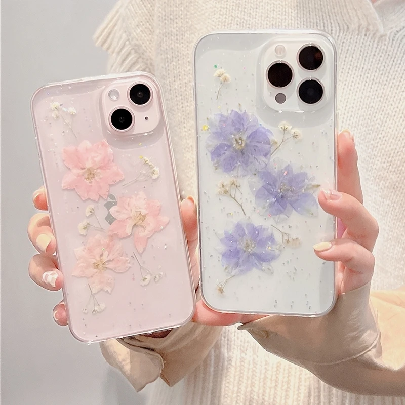 Korea Glitter Dried Floral Phone Case For iphone 15 14 13 12 11 Pro Max X XS XR 7 8 Mini Plus Cute Girl Epoxy Clear Soft Cover