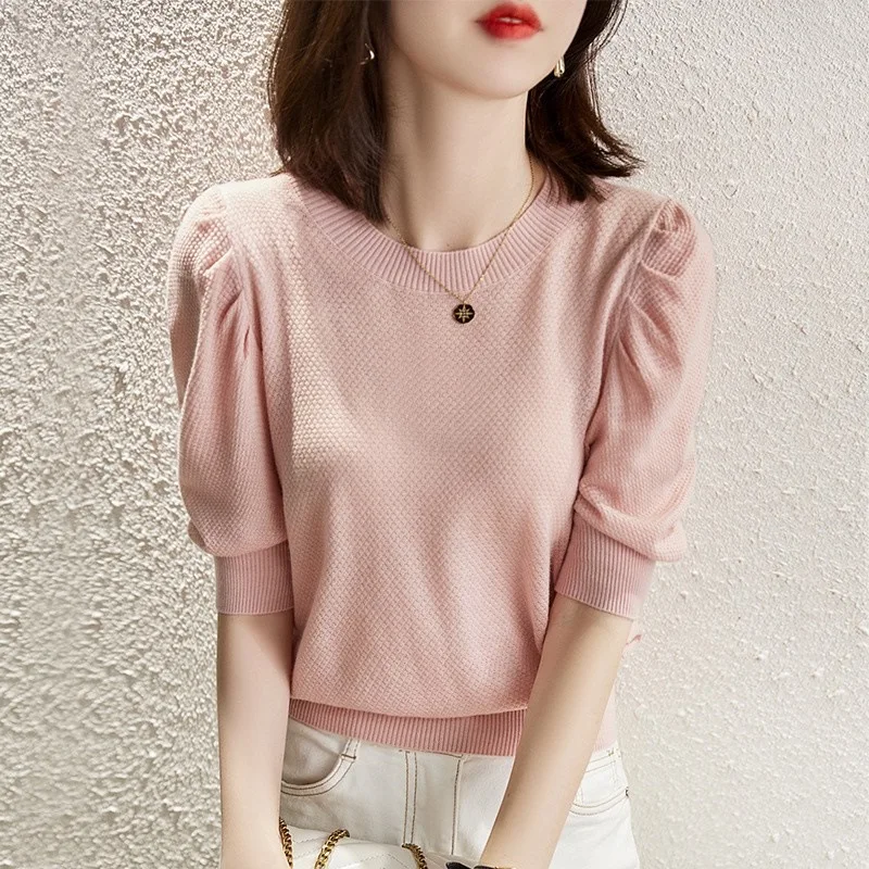 

Women's Clothing Solid Hollow Out Fashion T-shirt Summer Casual All-match Knit Half Sleeve Tees Lady O-neck Pullover Basic Tops