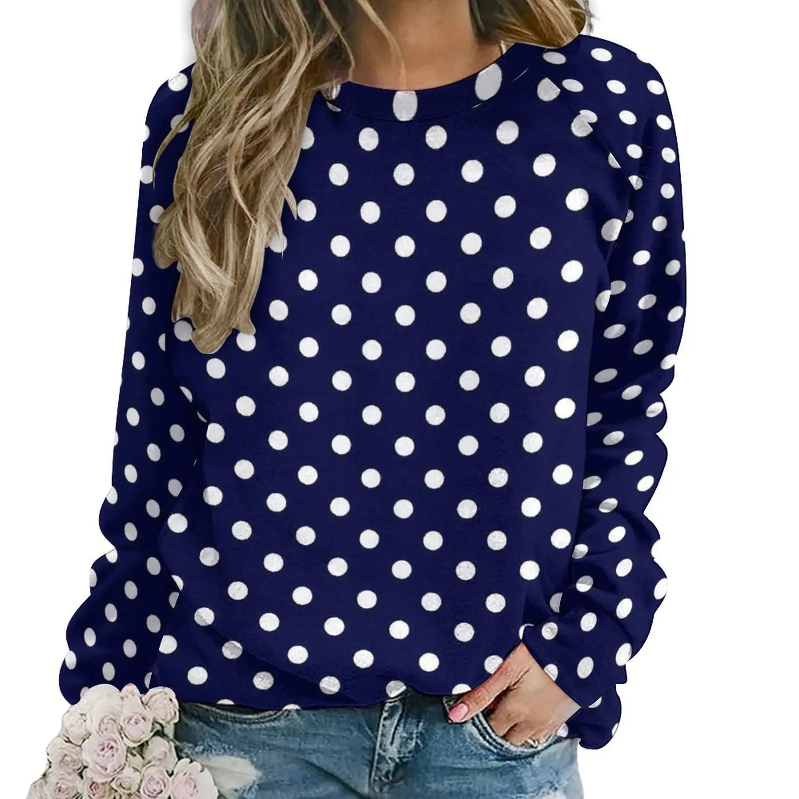 

Classic Polka Dots Hoodies Blue And White Street Wear Oversize Hoodie Ladies Long-Sleeve Cute Printed Casual Tops