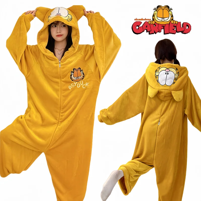 Garfield Coral Velvet One-piece Pajamas Hooded Cute Cartoon Loungewear Warm and Can Be Worn Over A One-piece Pyjama Set Gifts