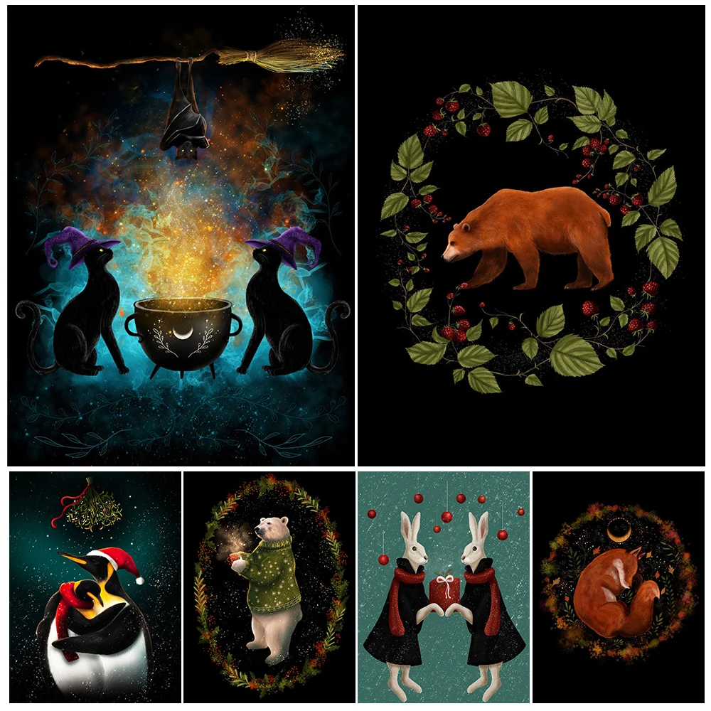 Black Cat Magical Cauldron Enchanted Forest Vintage Wall Art Canvas Painting Dark Botanical And Animal Art Poster Print Decor