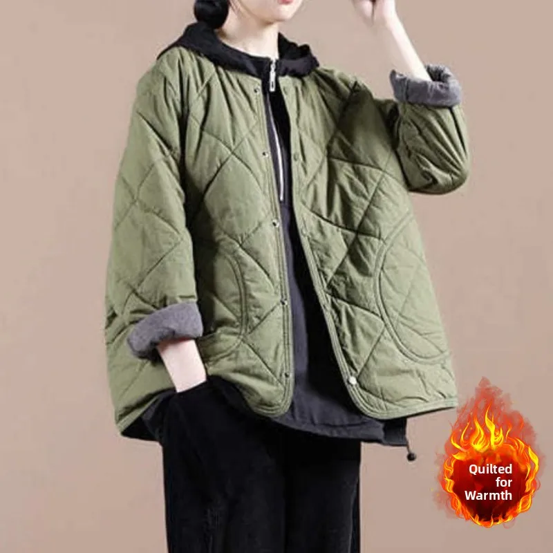 다이아몬드 패턴의 플러스 사이즈 여성용 긴 소매 스탠드 칼라 따뜻한 코트 탑, 티엔드 가을 겨울 코튼 재킷