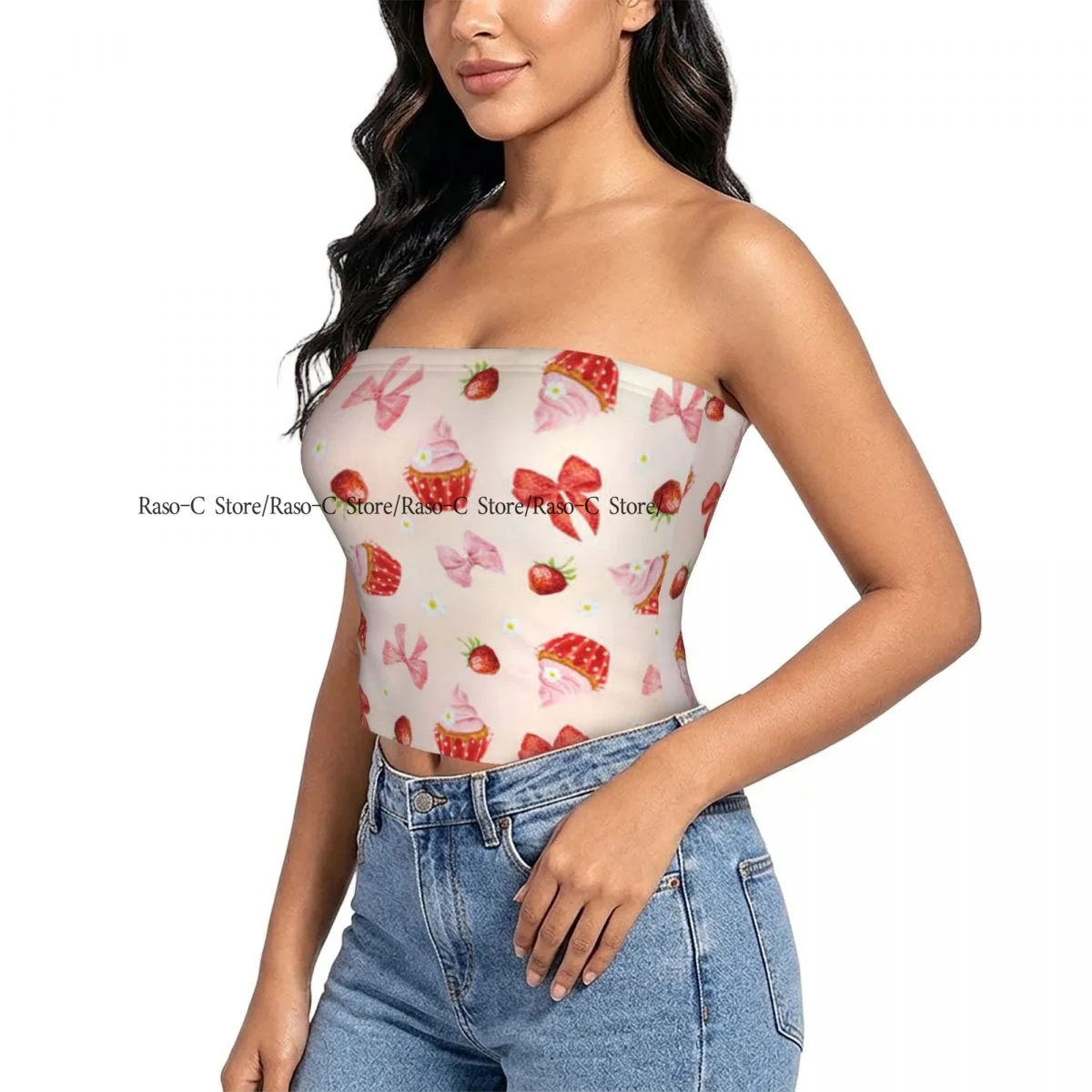 Women's strapless halter top Watercolor Cupcake Bow And Strawberry Peach Color Background summer sexy short-sleeved top