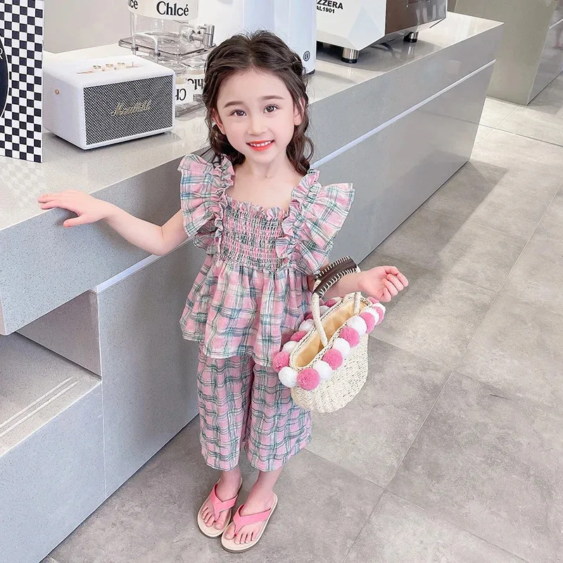 

Летние комплекты одежды для маленьких девочек, детские клетчатые топы с рукавами-крылышками, брюки, комплект из 2 предметов, пляжные праздничные костюмы принцессы, детская одежда, наряды