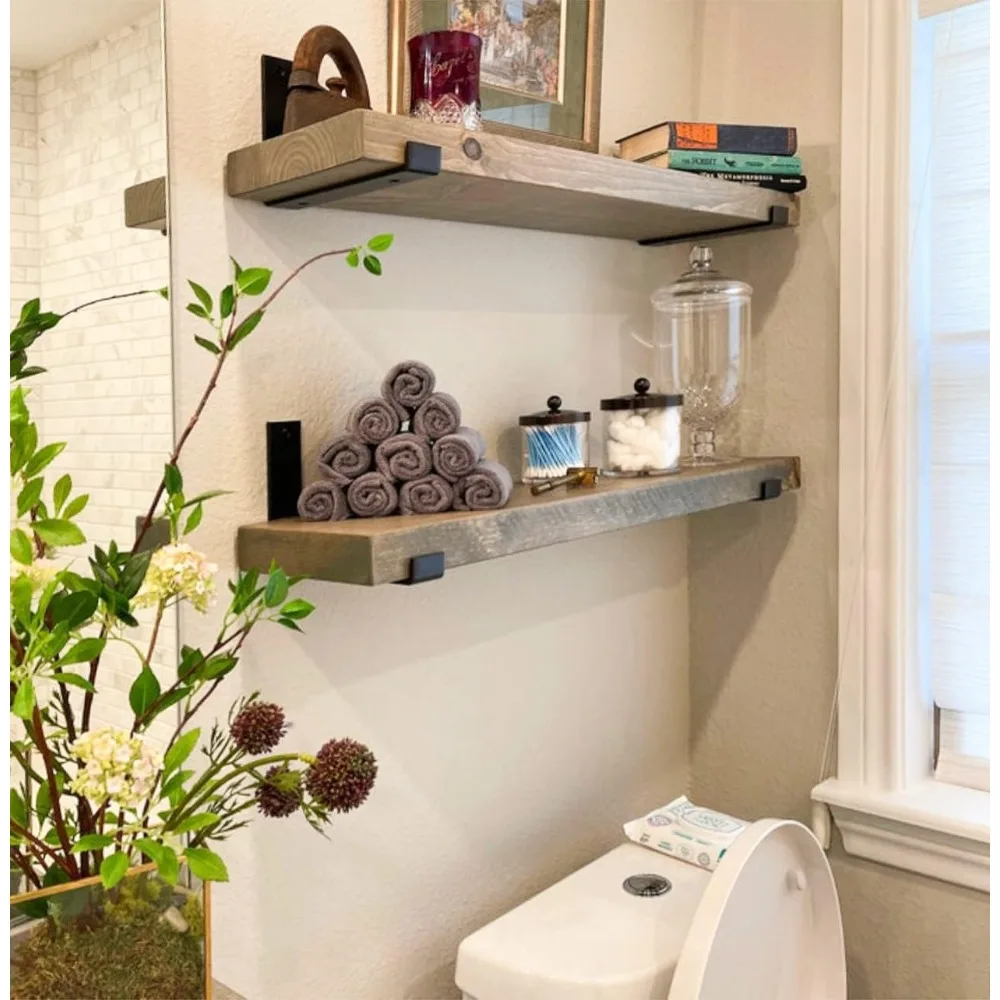 أرفف حائط من الخشب الصلب على الطراز الصناعي، تخزين ديكور ريفي، رفوف مطبخ شديدة التحمل، مجموعة من 2 دعامة J مثبتة