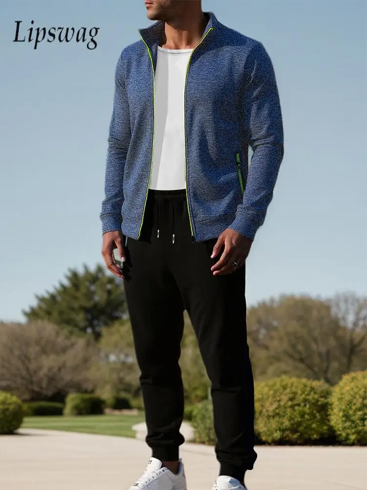 

Stylish Men's Long Sleeve Outfits Knitting Solid Color Zipper Jacket Coat And Pants Sets Men Fall Winter Sports Two Pieces Suits