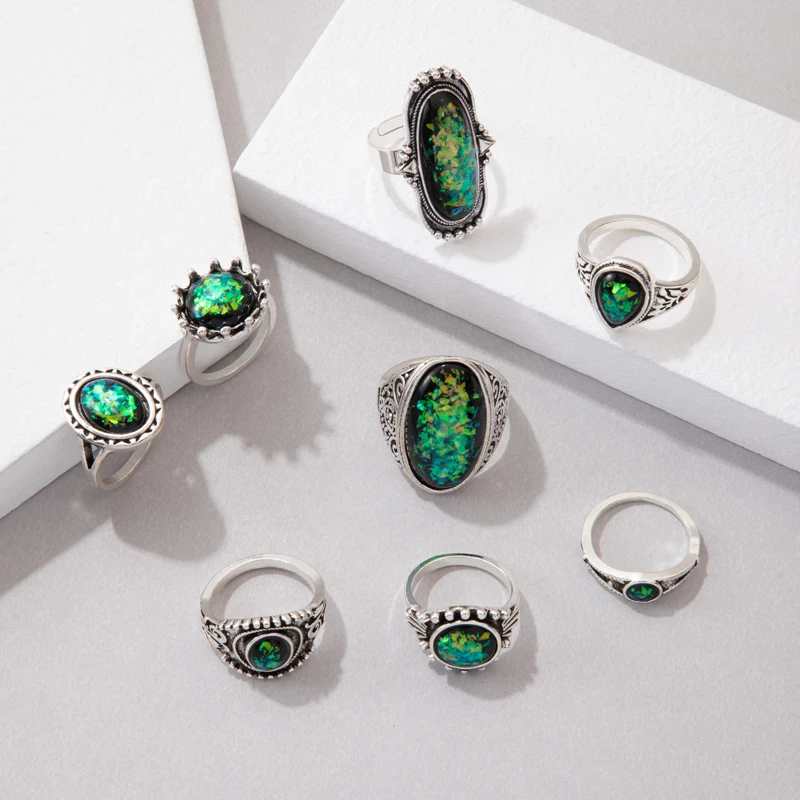 Tocona New Vintage Black Color Opeal Stone Water Drop Ring Sets for Women Men Trendy Geometry Party Jewelry кольца 8pcs/set