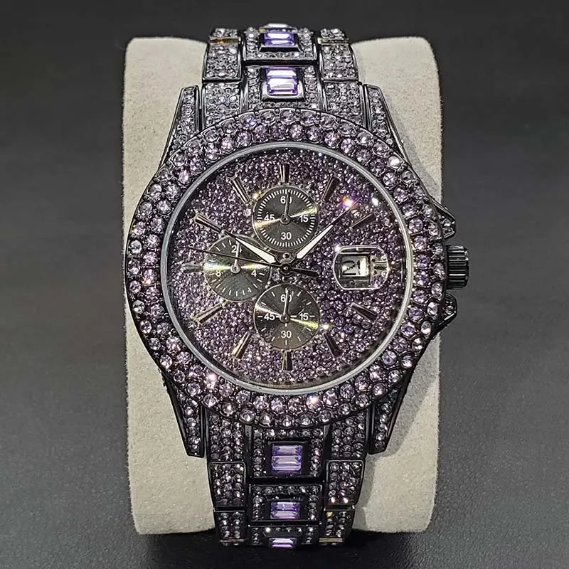 Specials Blue Gem Watch for Men Fashion Unique Full Crystal Stainless Steel Watches High Quality Waterproof Personalized Clock