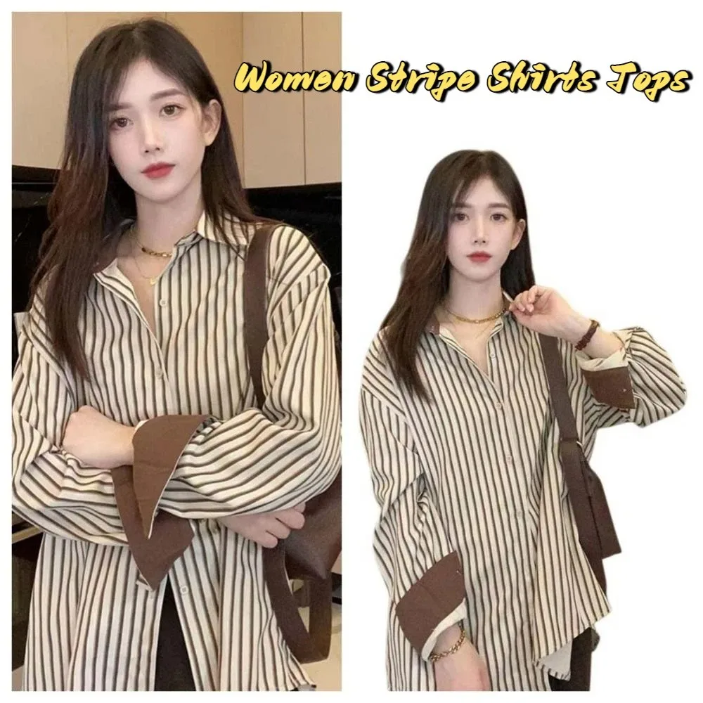 เสื้อเชิ้ตผู้หญิงคอวีลายทาง แขนยาว สไตล์เกาหลี เสื้อคลุมลำลอง กระดุมเรียบง่าย สตรีทแวร์