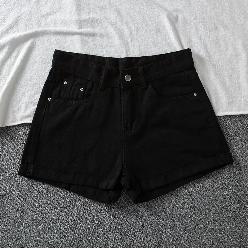 Sommer Denim Shorts Frauen hohe Taille Knopf weites Bein kurze Hosen Mode lässig weiblich locker schwarz weiß grau alle Match Jeans