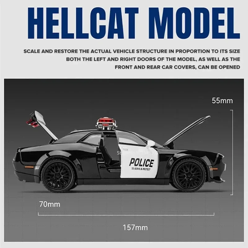 

1/32 модели полицейских автомобилей Dodge Hellcat, игрушки из сплава, литые под давлением, имитация весов, модель с откатным механизмом со звуком, светом, автомобильные игрушки для мальчиковFas
