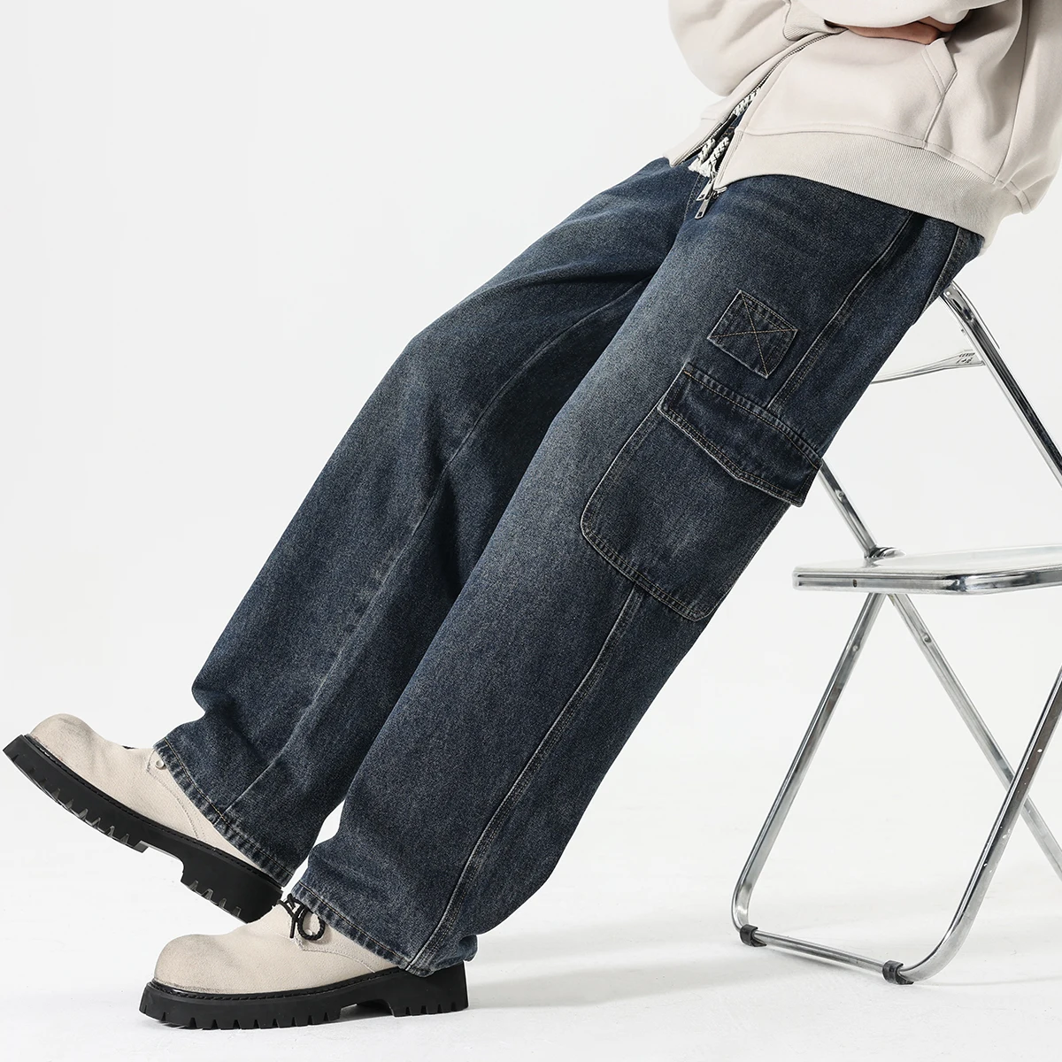 

Мужские свободные прямые рабочие джинсы с эластичной талией и шнурком, мешковатые широкие брюки, уличные мужские брюки в стиле ретро в стиле хип-хоп, уличные брюки