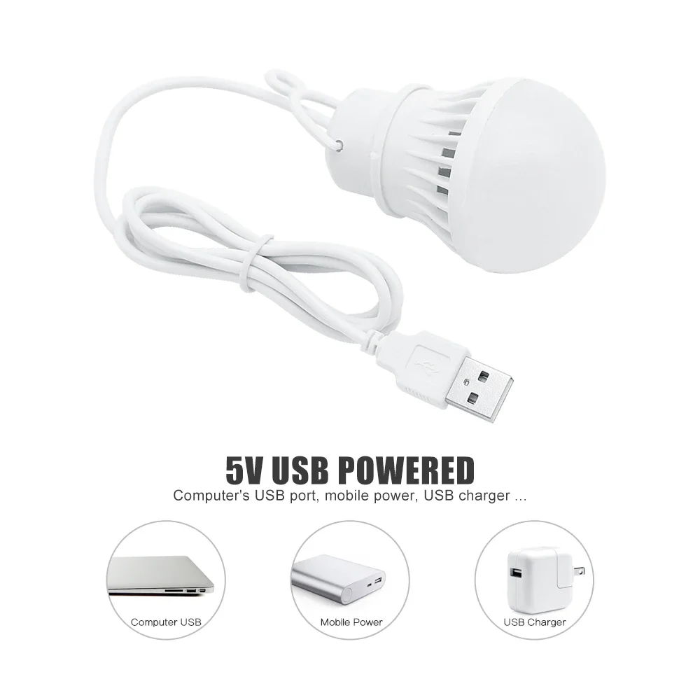 3W USB Powered LED Lamp Bulb 300lm 6500K Portable Lanterns Night Light For Outdoor Hiking Camping Fishing Tent Travel Lighting