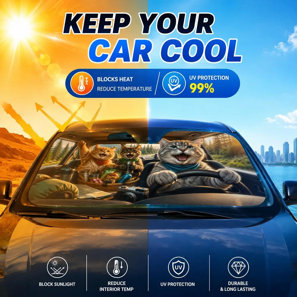 Funny Cats Driving Sun Visor Reusable Double-Sided Windshield Sun Visor UV Block Portable Heat Shield Cover