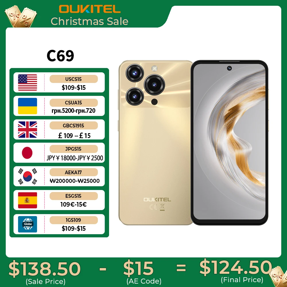 OUKITEL C69 Smartphone Android 15, Layar Besar HD+ 7.2”, 24GB(8+16)+256GB, Ponsel NFC 6000mAh, 120Hz, Kamera Utama 64MP