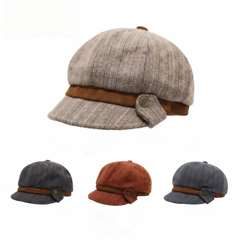Korean-style Textured Octagonal Cap Artistic Metal Buckle Newsboy Hat Autumn & Winter Painter Hat Soft Brim Berets