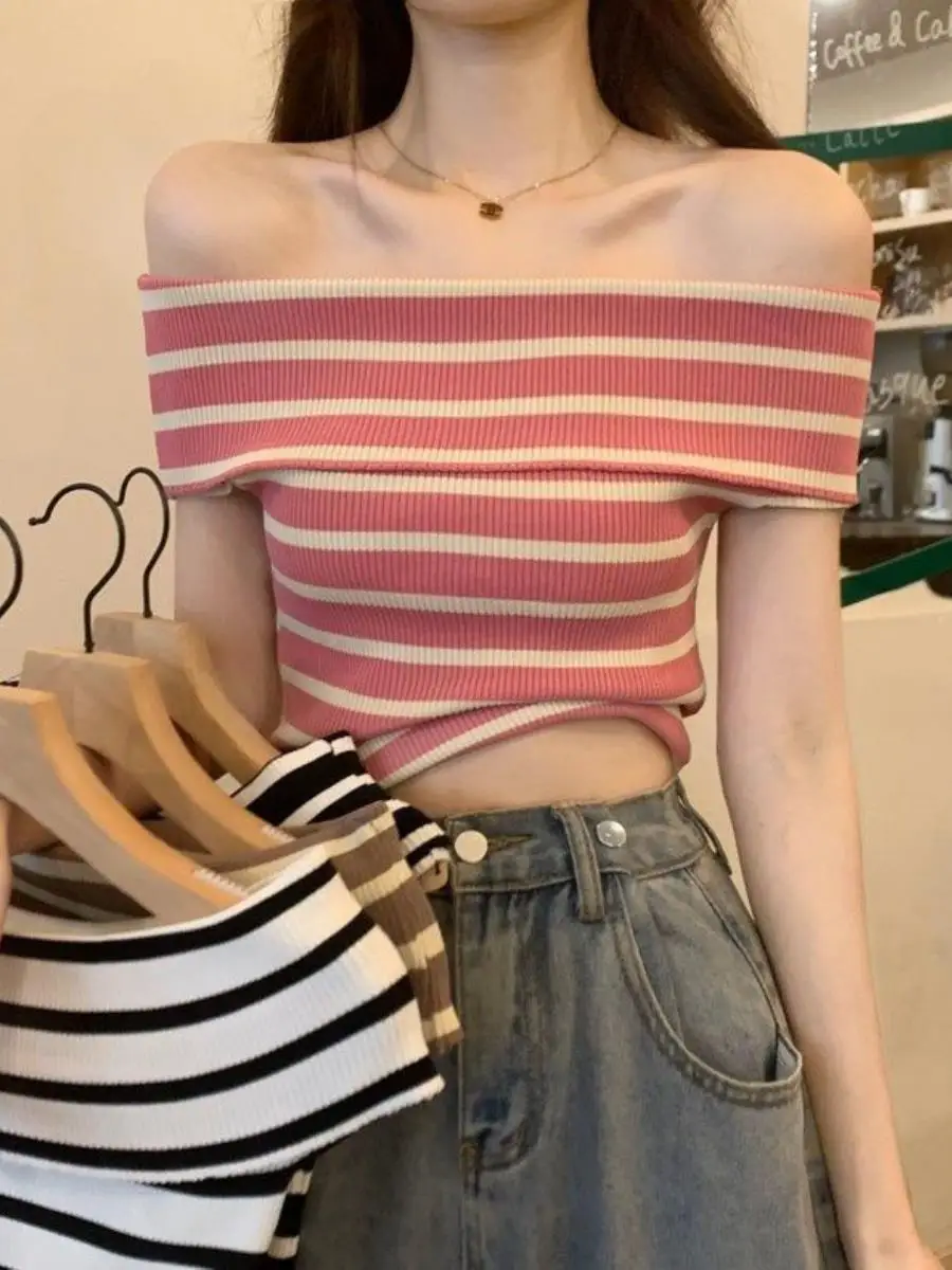 top-de-trico-listrado-rosa-feminino-novo-estilo-estilo-ousado-retro-verao-efeito-emagrecedor-para-o-dia-a-dia-ombro-Unico-bolso-quadrado-moderno