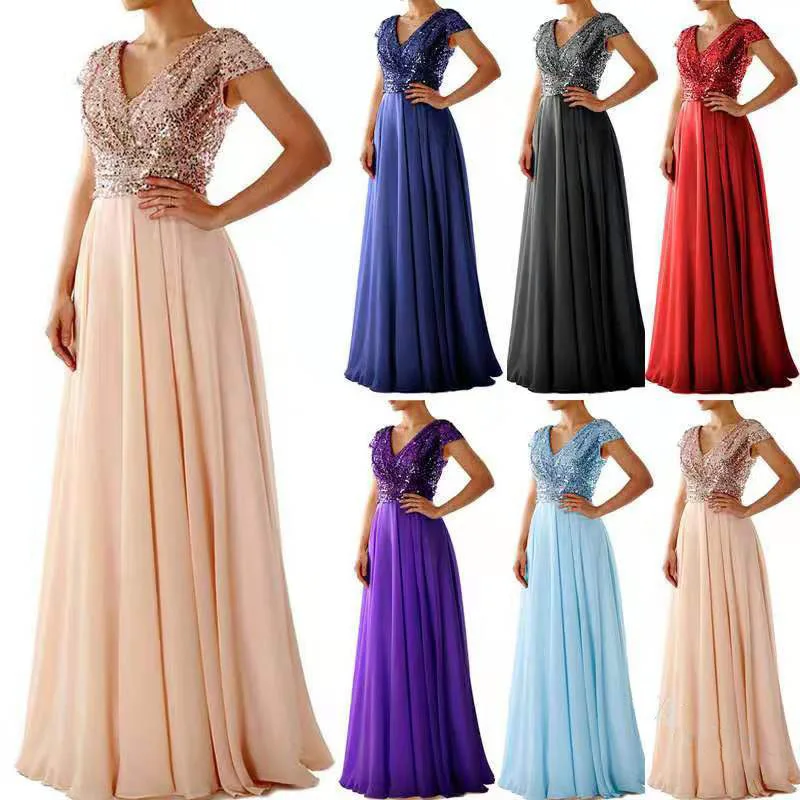 

2025Summer New Dress NewVCollar Sequin Chiffon Patchwork Evening Dress Long Gown