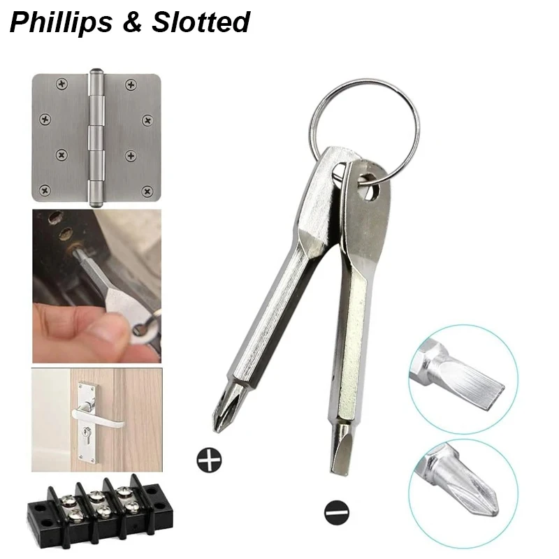 2pcs Portable Phillips & Slotted Screwdriver Key Ring Set - Multi-Functional Mini Pocket Repair Tool Gadget