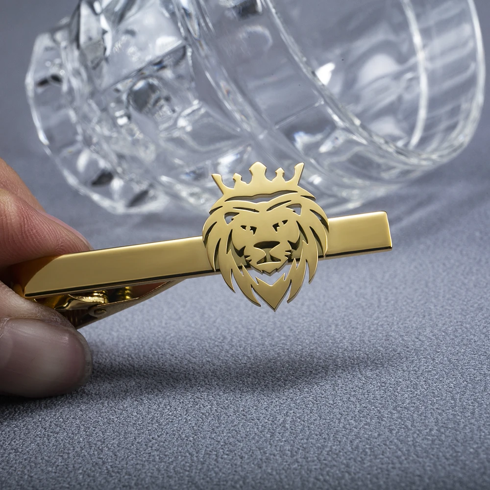 Tangula Punk Crown Lion Tie Clip Stainless Steel Mens Animal Hip Hop Party Accessories Necktie Clamp for Groom Wedding Jewelry