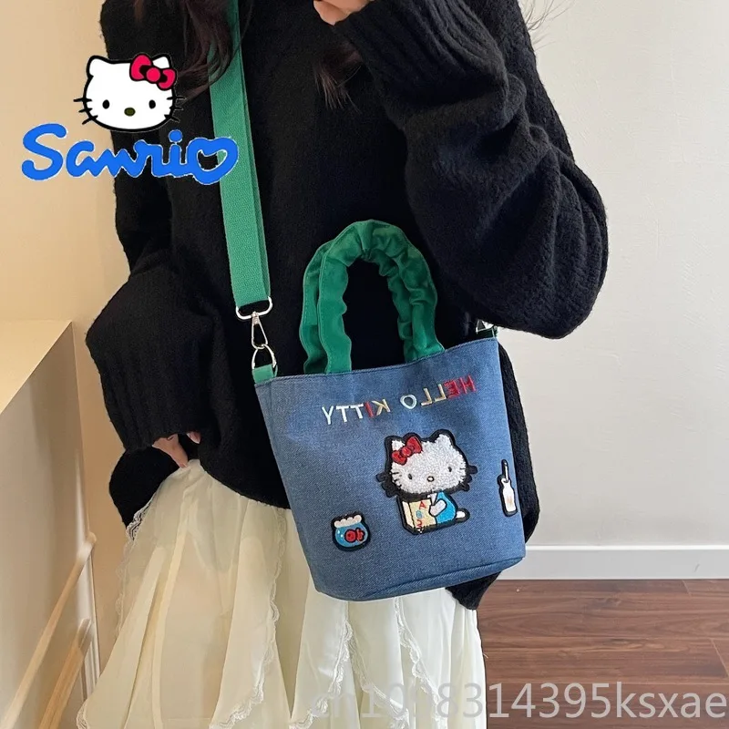 

Hello Kitty Shoulder Bag Luxury Purse Handbag for Women Embroidery Denim Casual Retro Crossbody Tote Bucket Bag Commuter