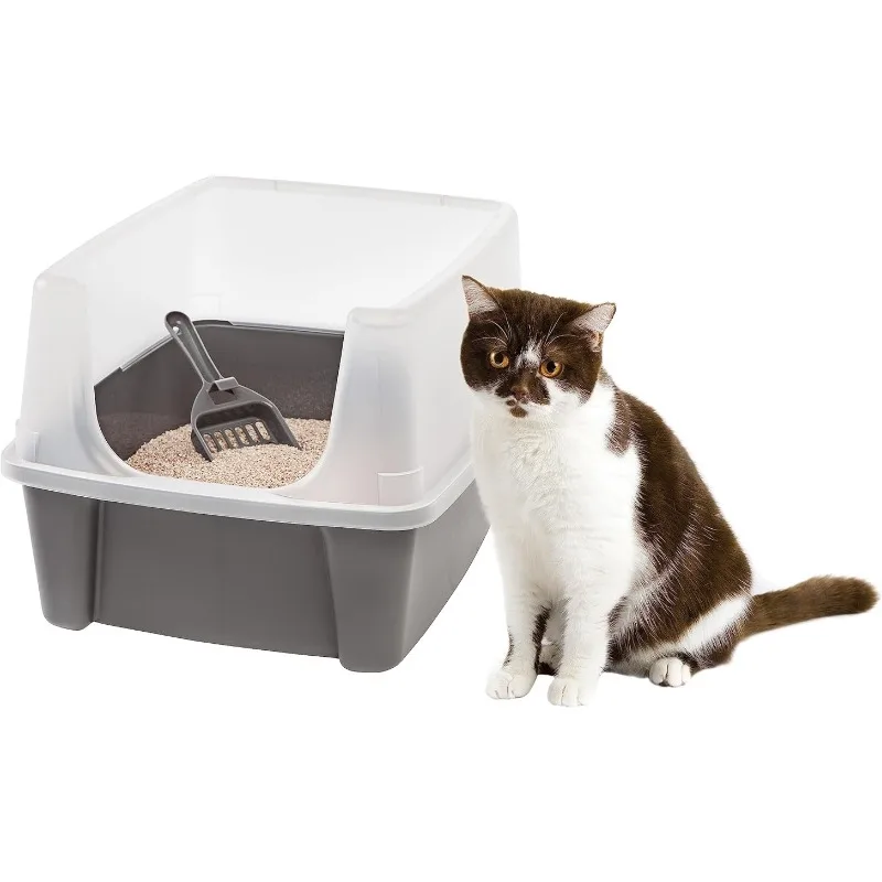 USA Open Top Cat Litter Tray with Scoop and Scatter Shield, Sturdy Easy to Clean Litter Pan with Tall Spray , Gray