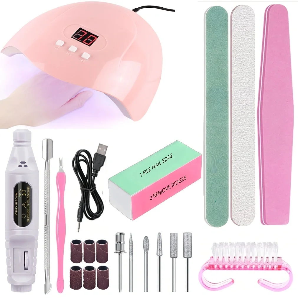15-piece nail care set: UV/LED nail lamp, nail remover, nail gems, dual-headed nail pen, nail dust brush, nail buffer block, fin