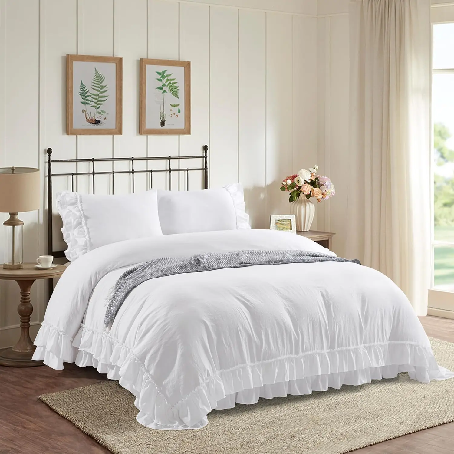 

3 Piece Ruffled Duvet Cover Set Queen,Farmhouse Ruffle Comforter Set,Cozy Bedding Set - 1 Ruffle Comforter and 2 Pillowcases