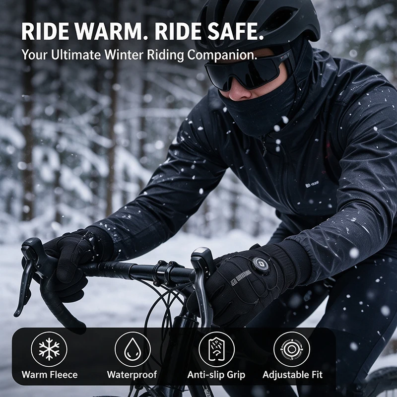 OFFBONDAGE Winter Cycling Gloves Thermal Warm Fleece Lined Waterproof Anti-Slip Motorcycle Gloves Adjustable Rotary Buckle MTB