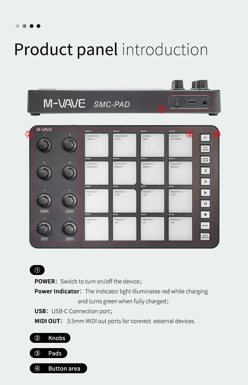 M-VAVE SMC-PAD MIDI Controller – 16 RGB Pads, 8 Knobs, 5 Buttons