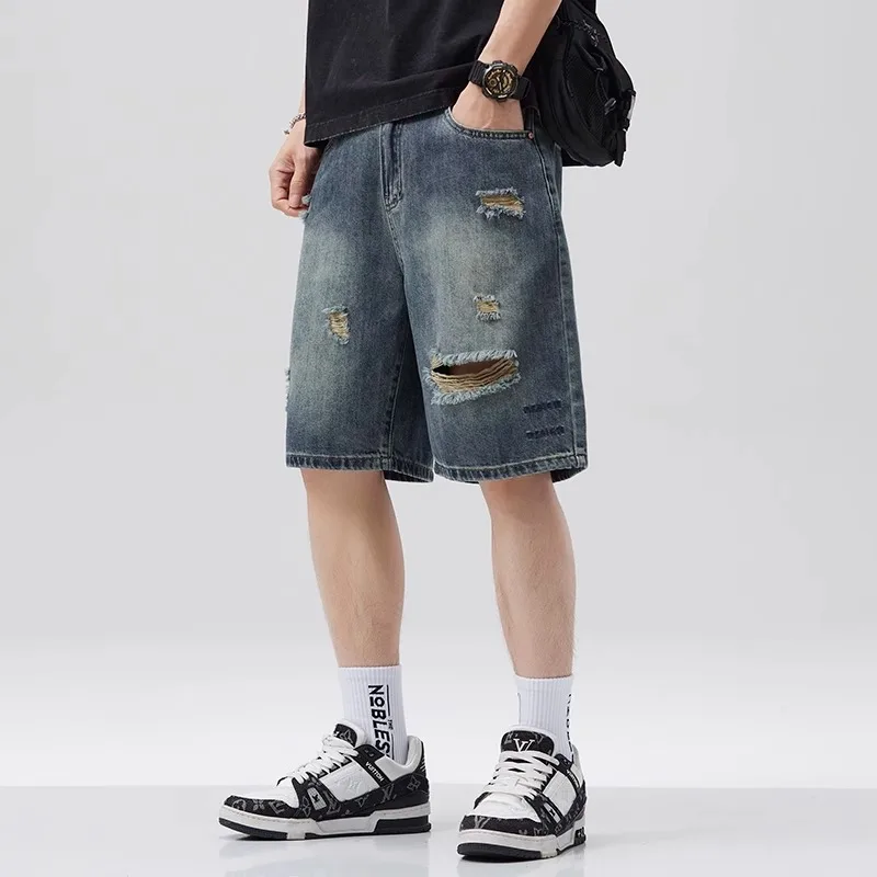 

Summer Waed Vintage Ripped Denim orts Men's Loose Straight Leg Wide Pants Design Sense Embroidery Five-Quarter Pants