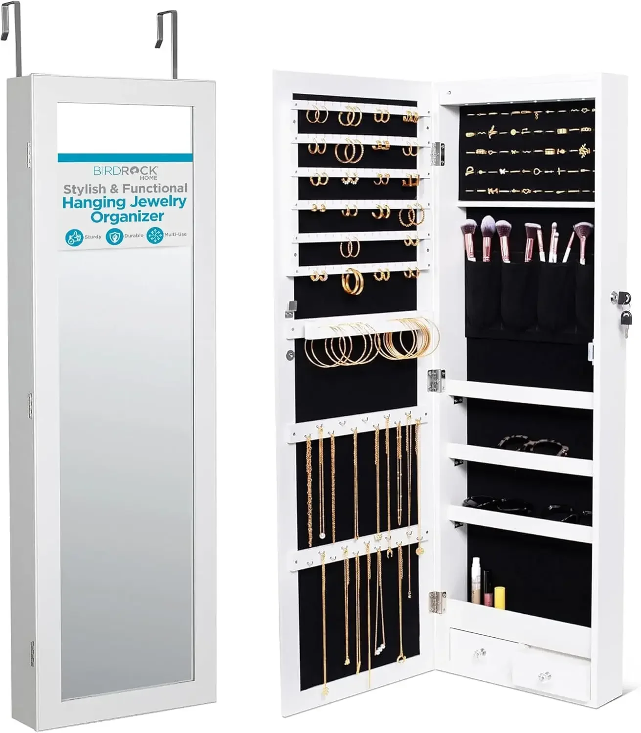 Hanging Jewelry Organizer - Lockable Storage Cabinet with Body Mirror & LED Lights, Door or Wall Mounted for Closet