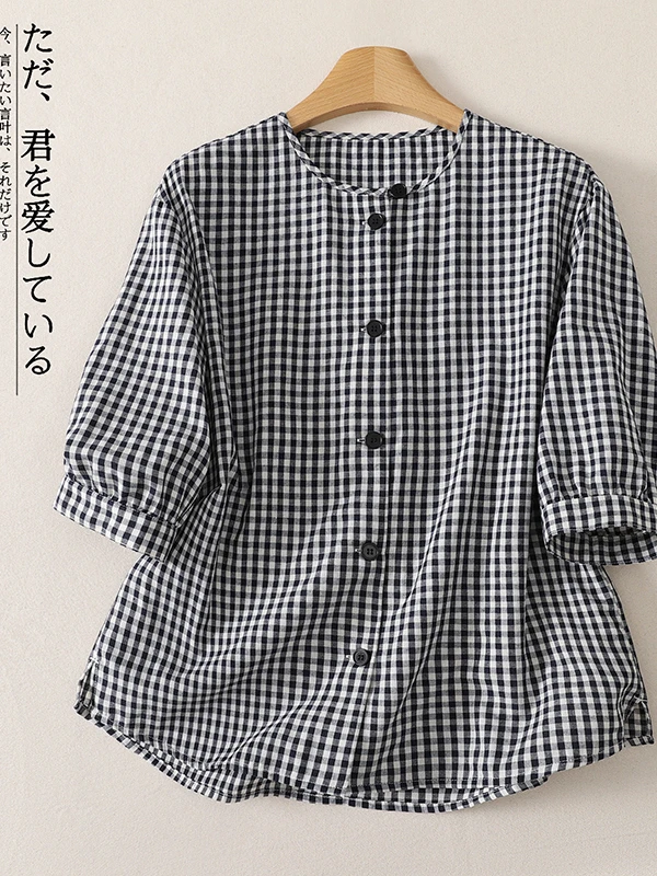 

Summer New Women's Loose Cotton Linen Shirt Short Sleeve Plaid Vintage Style Versatile Comfortable Fit mid Sleeve Top