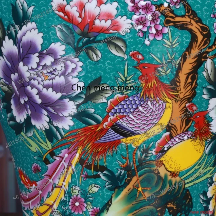 H178Green flower and bird peony enamel large fishtail bottle retro ceramic home decoration