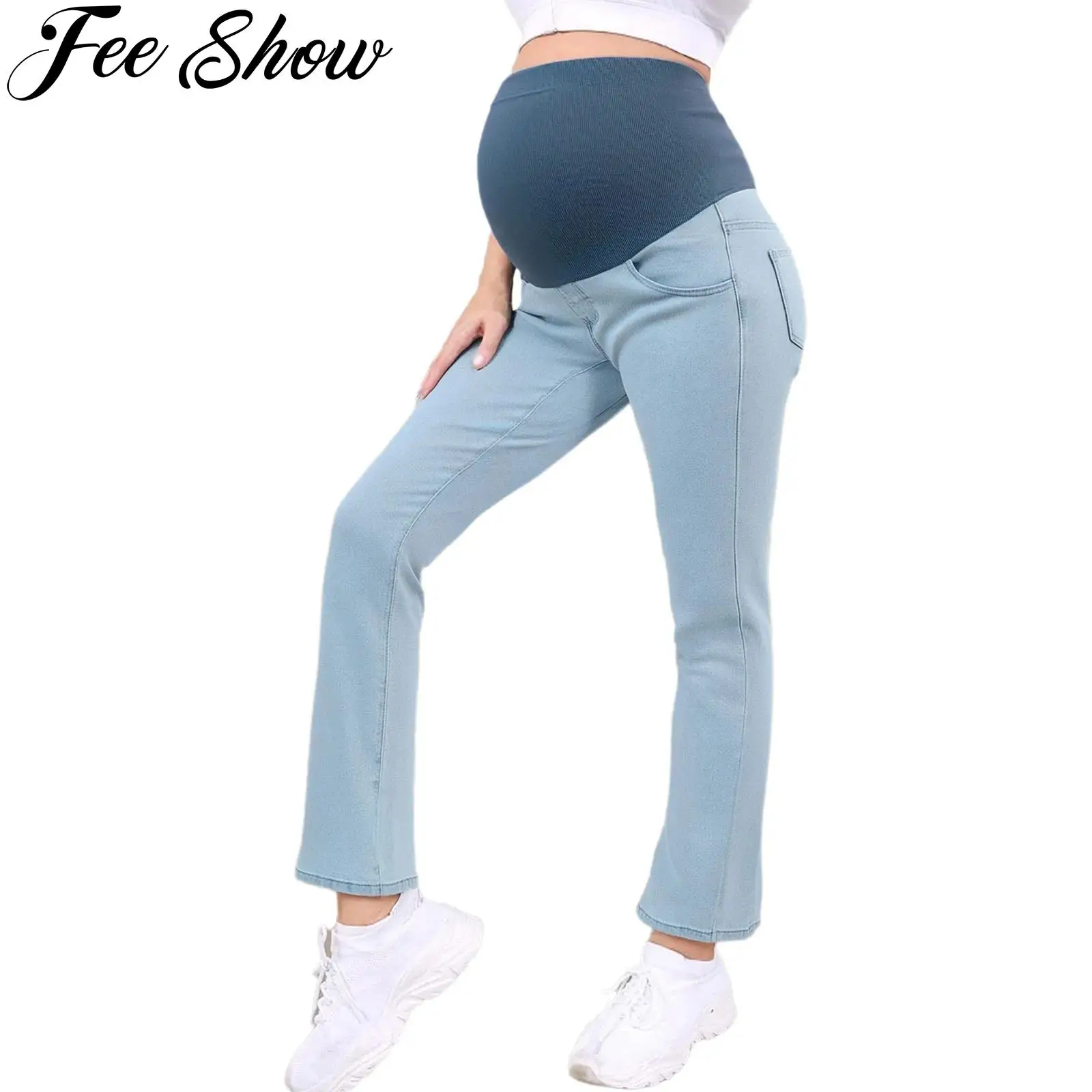

Джинсовые брюки для беременных с высокой талией, эластичные брюки-клеш, джинсы, расклешенные брюки с карманами, женская одежда для беременных